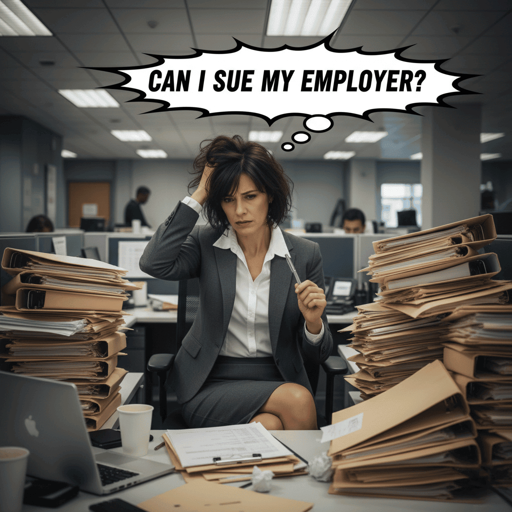 A woman at work in formal attire surrounded by piles or work on her desk with a though bubble that reads can I sue my employer?