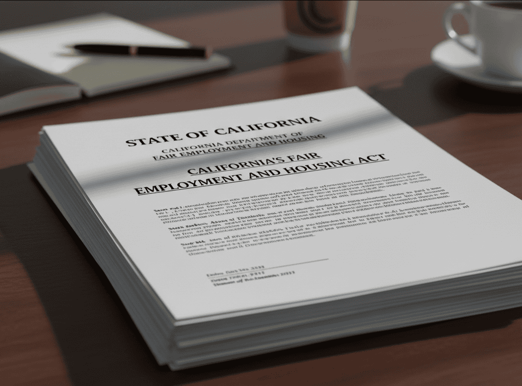 On a desk is a printed off copy of the FEHA aka the California Fair Employment and Housing Act