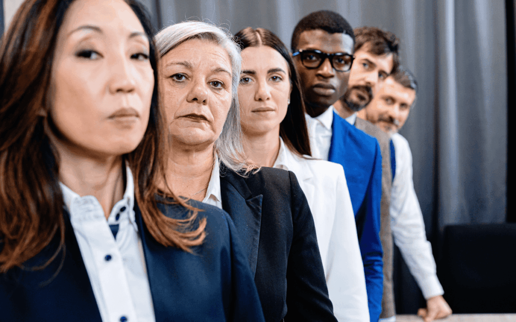 Portrait of multigenerational working team with multiracial colleagues in the office