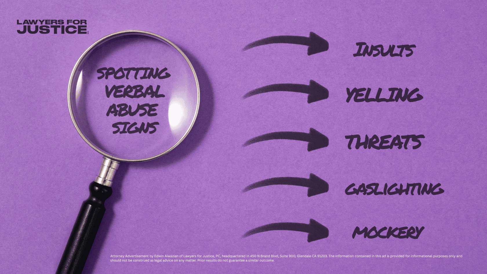 Magnifying class overlooking the works, "spotting verbal abuse signs at work" over a bright purple background. Written words indicating signs of verbal abuse are included such as insults, yelling, threats, and gaslighting. 