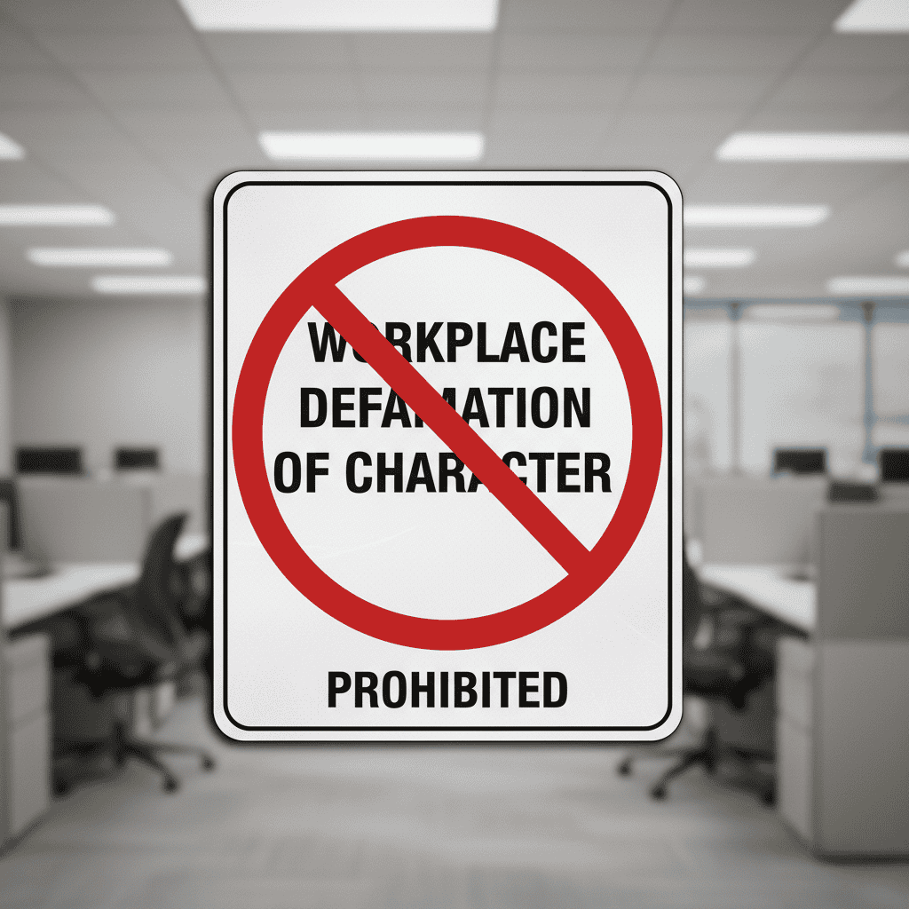 A sign posted in an office that reads, "Workplace defamation of character prohibited" with a big red "no" sign overtop. 