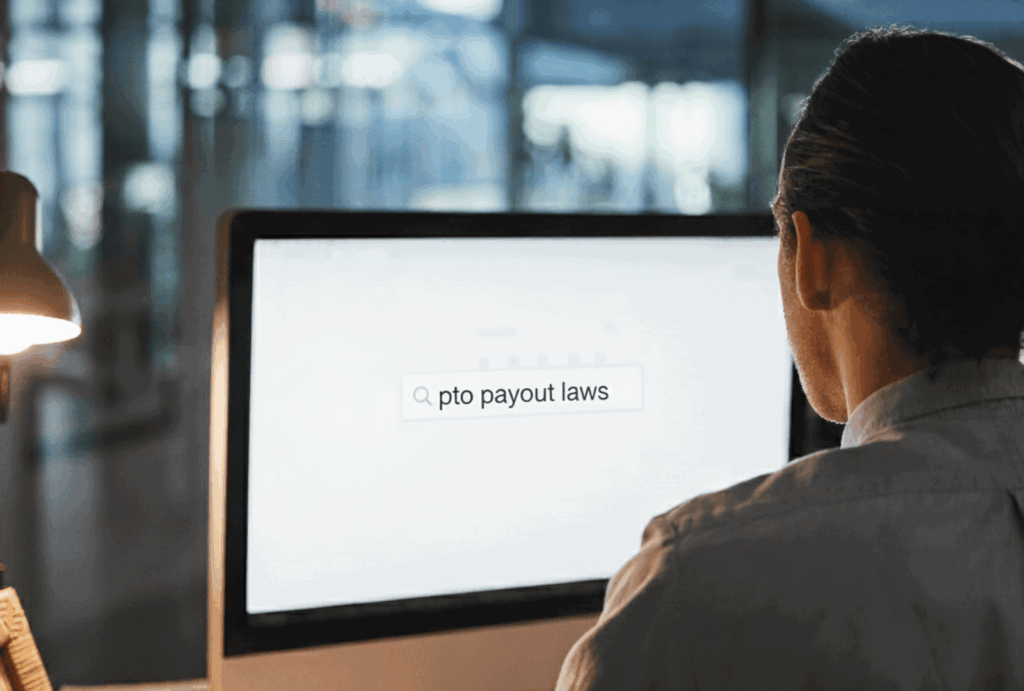 man looking at computer that says "pto payout laws"