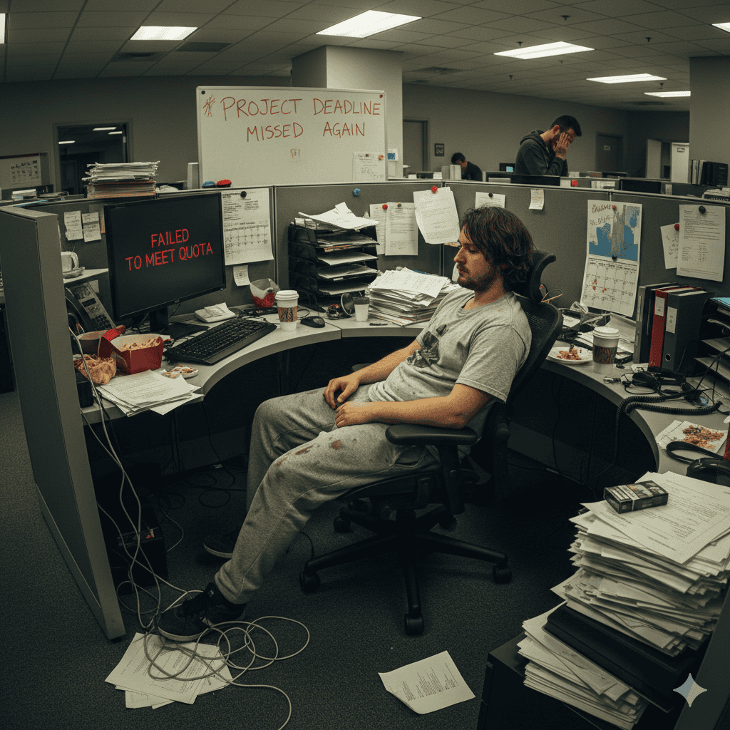 An employee in a sloppy cubicle with a white board that reads, "project deadline missed" and a computer screen that reads, "Failed to meet quota" indicating poor work performance.