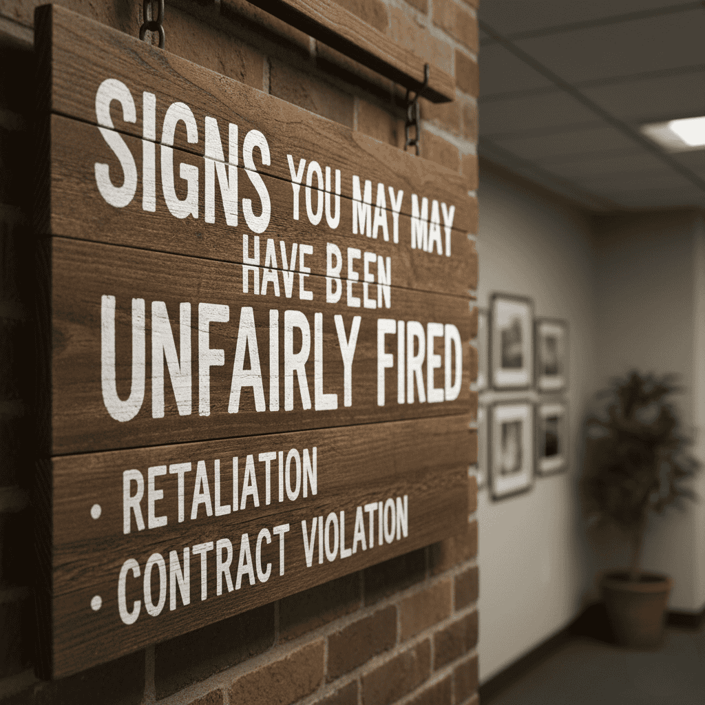 Wooden sign with white writing that reads, "Signs you may have been unfairly fired." With bullet points underneathe that read, "Retaliation" and "Contract violation."
