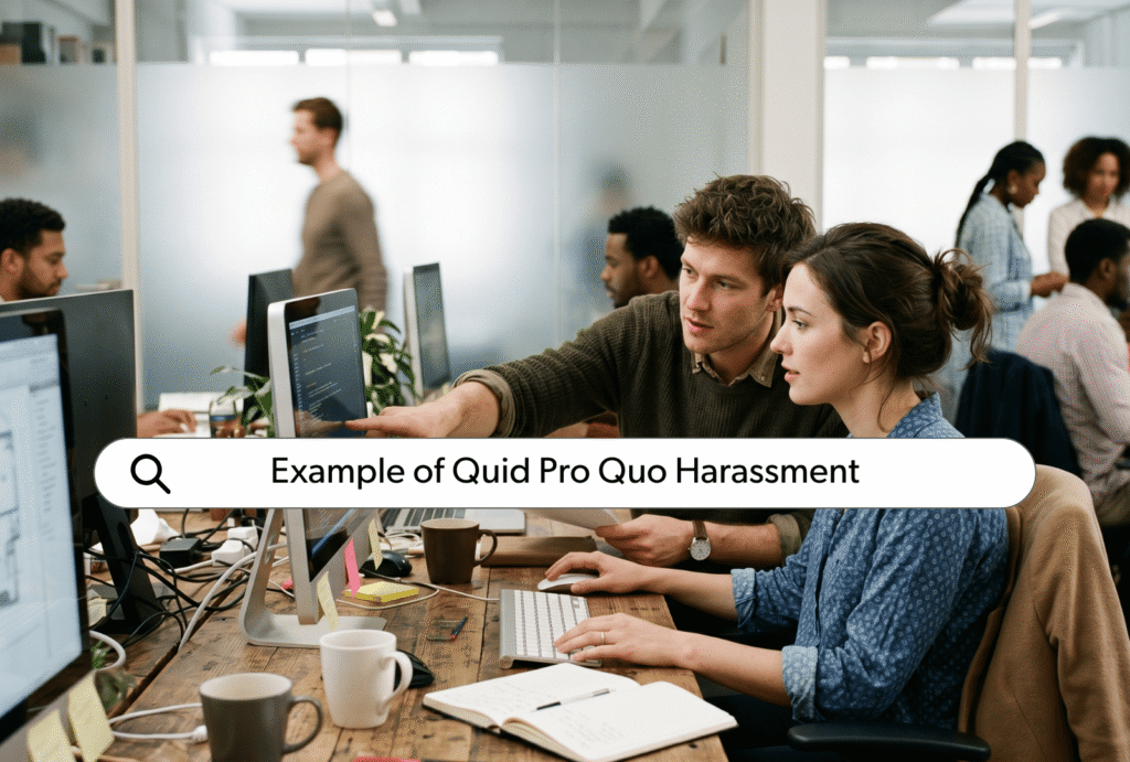 Woman and man working, with text that says "Example of Quid Pro Quo Harassment"